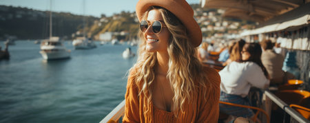 Girl traveller standing on ferry boat with coffee cup in hand, gazing out at the waterの素材