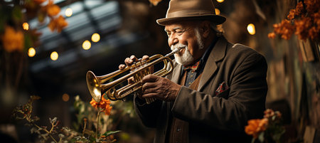 senior man with a trumpet in a portraitの素材