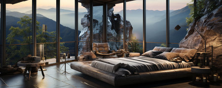 neural network's rendering of the interior of a hotel room in the morning in the mountainsの素材