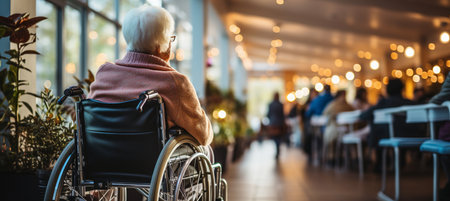 A hospital nurse manoeuvres a wheelchair-bound elderly patient.の素材