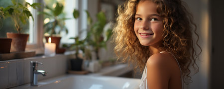 Teenage girl brushing her teeth in the morningの素材