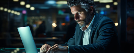 An anxious businessman works on a tablet computer in a dark workplace.の素材
