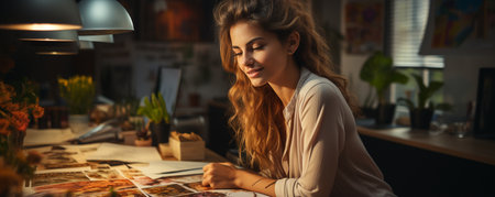 A cheerful middle-aged entrepreneur checks the plans posted to the mood board at her desk.の素材