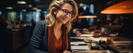 A cheerful middle-aged entrepreneur checks the plans posted to the mood board at her desk.の素材