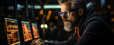 Focused trader with glasses working late at night while viewing stock market charts on a computer.の素材