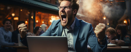 In front of a laptop, a prosperous businessman gives a fist pump in celebration.の素材