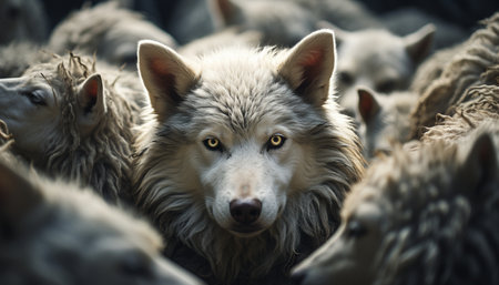 Wolf wearing wool in the midst of a group of sheep. Wolf impersonating a sheep idea.の素材