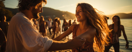 a group of happy young folks dancing on the beach while sipping cold beer.の素材