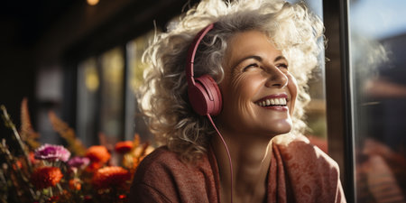 Senior citizen enjoying music while wearing headphones.の素材