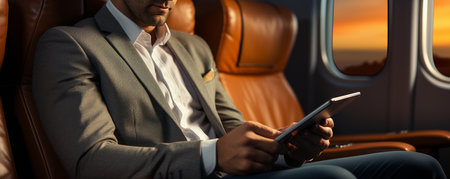 A man using an iPad while flyingの素材