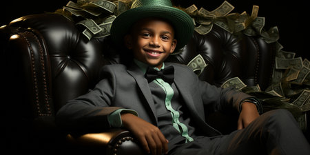 Happy and shouting wealthy boy rich kid relaxes in a large, luxurious armchair while bills are dropping.の素材