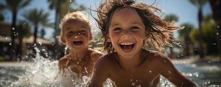 Splashing siblings on a pool's edge,の素材