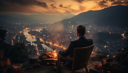 A businessman is seated on a chair, smoking a cigar, and surveying the city.の素材