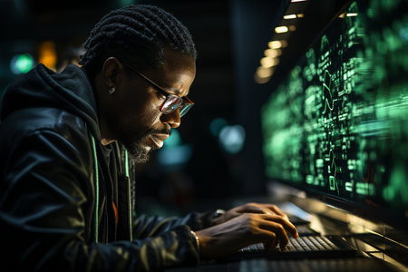 Black Man Working on Computer with Code Language Reflecting on His Glasses in Close-Up. new software being developed by a male programmerの素材