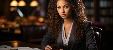 a young female African American attorney researching cases for clients in a legal office to represent them in court. legal theories and notions.の素材