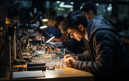 Young Indian Science Student Working at a University Workshop to Conduct an Electronics Experiment. Multicultural Young Scholar Using Microscope,の素材