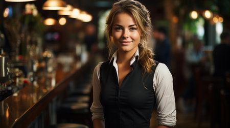 smiling waitress serving coffee at a bar counter,の素材