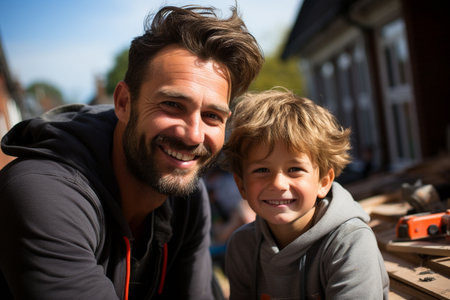 Father and son in a happy pose while converting a loftの素材