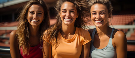 Three female pals having fun while participating in a sport while dressed for fitnessの素材