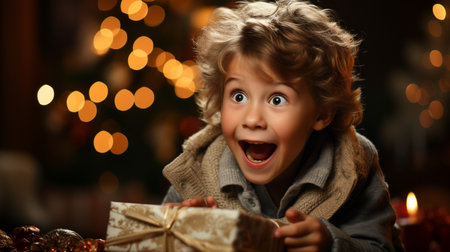 Unexpected baby boy unwrapping a Christmas surprise packageの素材