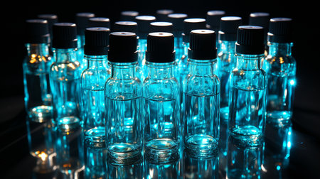 In the shadows, a glass container and a syringe with a vaccineの素材