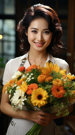 female with bouquet of flowersの素材
