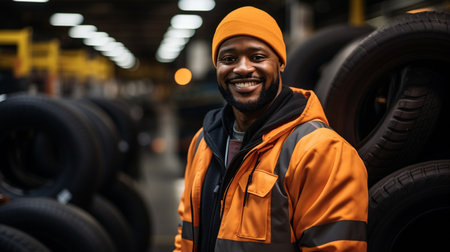 In an auto repair shop, an African American mechanic balances tyres using wheel balancing equipment.の素材