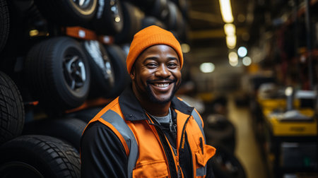 In an auto repair shop, an African American mechanic balances tyres using wheel balancing equipment.の素材