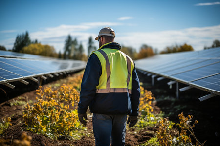 Man working in the solar panels' fieldの素材