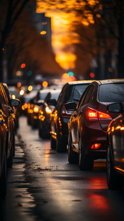 parked vehicles in the evening's gridlock on a metropolitan roadway,の素材