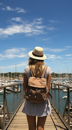 The back of a woman in a marinaの素材