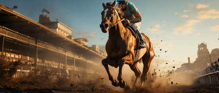 During a horse race or derby, a jockey can be seen sprinting on a horse while the main stand is in the distance.の素材