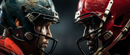 Football championship in America. Professional Players, Aggressive Face-Off, Ready for Pushing and Tackling: Teams Readyの素材
