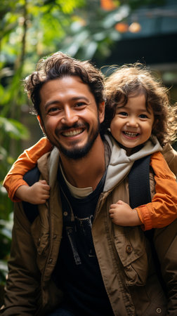 Indian father, daughter, and shoulders while playing an aeroplane game or piggybacking in the park while on vacation. Playing together in the garden is a man and a girl.の素材