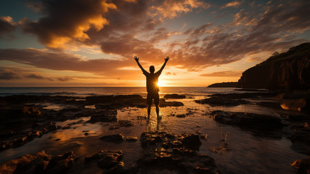 A joyful man is seen jumping onto the sand as the sun rises.の素材