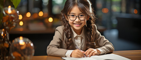 a young Asian girl studying at a tableの素材