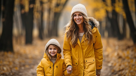 a lovely image of a mother and daughter strolling through a park in the autumn,の素材