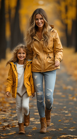 a lovely image of a mother and daughter strolling through a park in the autumn,の素材