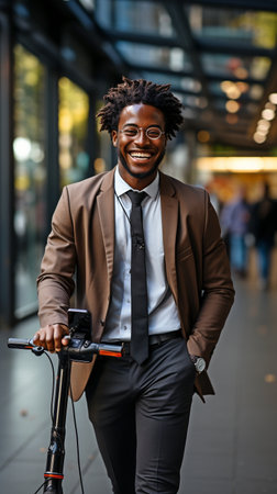 Man walking to his office while grinning broadly and holding his new electric scooter folded.の素材