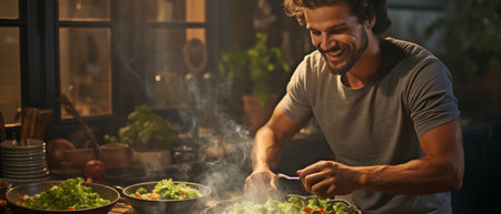 Young man raising the cover of a steaming kettle while preparing food at home.の素材
