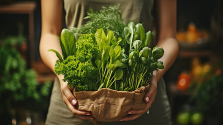 Indian woman clutching a paper bag of groceries and fresh vegetablesの素材