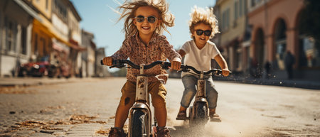 Let's go. Having joy while riding electric scooters on a beautiful day are a girl and a boy.の素材