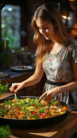 a woman is frying some vegetables.の素材