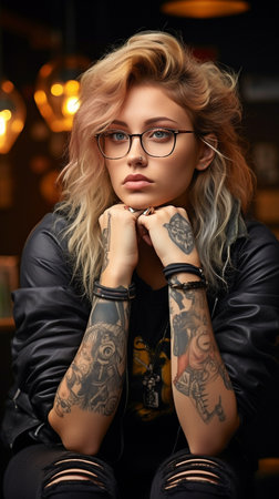 Pensive attractive girl chilling on her own motorbike while wearing spectacles and sporting tattoos on her wrists and neckの素材