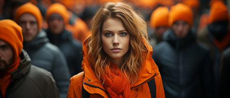 Concept of a woman from a vast crowd of people standing out in the crowd and looking at the cameraの素材