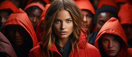 Concept of a woman from a vast crowd of people standing out in the crowd and looking at the cameraの素材