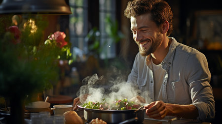 Young man raising the cover of a steaming kettle while preparing food at home.の素材