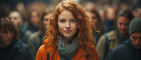 Concept of a woman from a vast crowd of people standing out in the crowd and looking at the cameraの素材