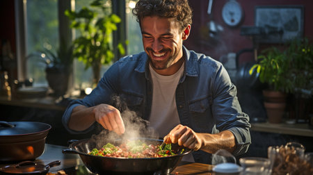 Young man raising the cover of a steaming kettle while preparing food at home.の素材