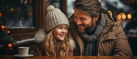 a young child and her parents are seated on a blanket in a winter park.の素材